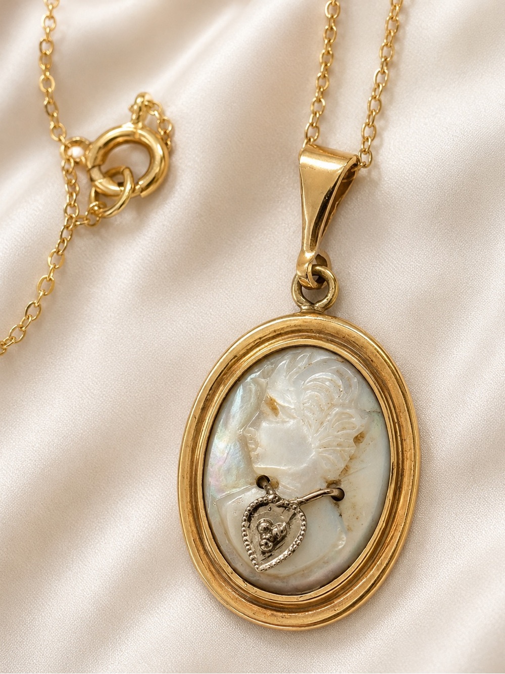 Gold Cameo Pendant Necklace - Hand-Carved Mother of Pearl with Diamond Accent